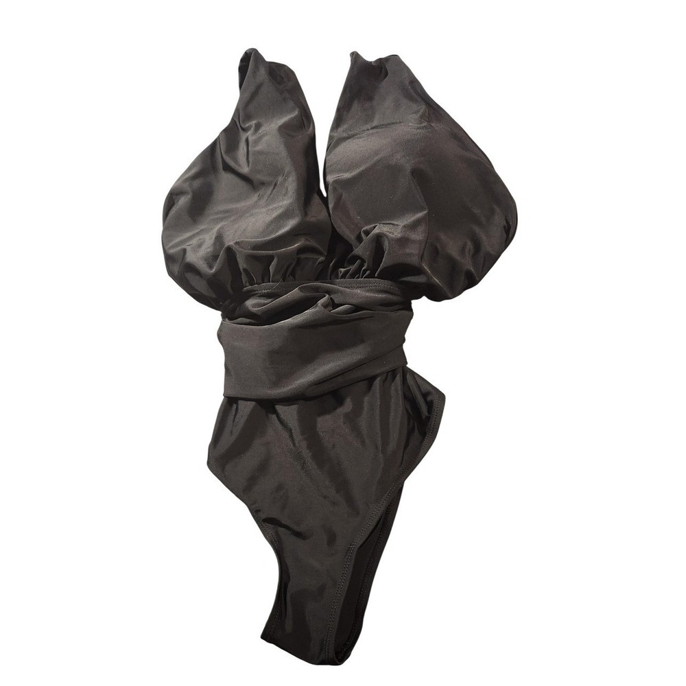 Swimsuit Womens L Black One Piece Plunge Wrap Front Ruched Waist Halter Solid